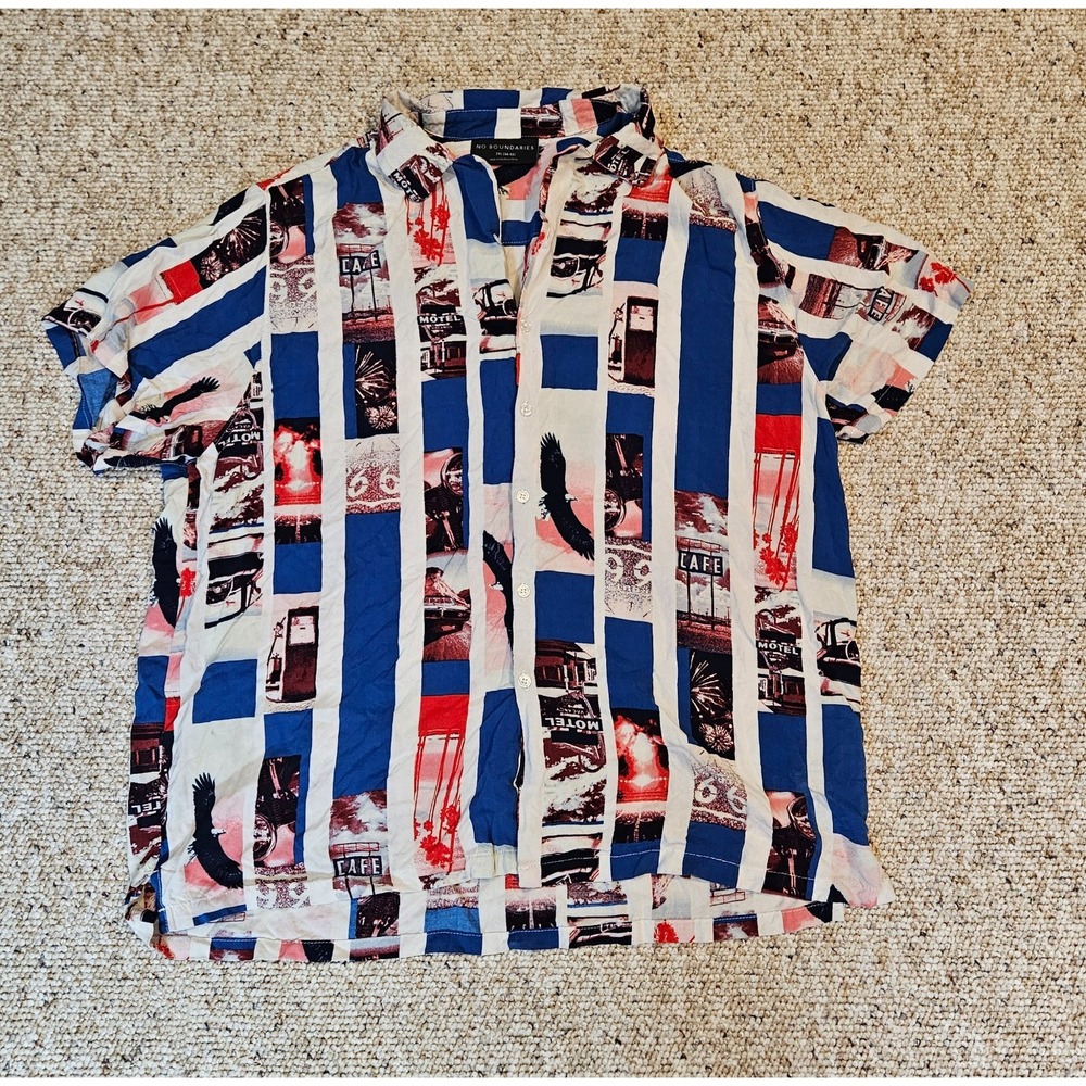 NO BOUNDARIES Mens 2XL‎ Graphic Print Button Up Shirt Short Sleeve Retro Rd Trip